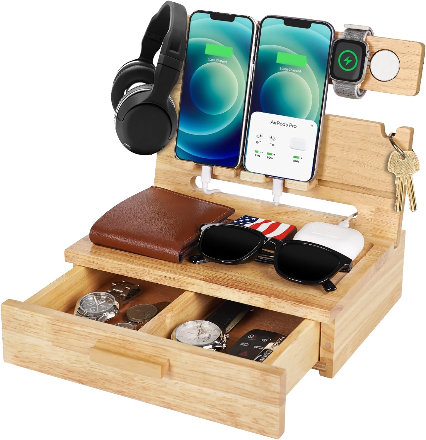 Gifts for Men Wood Phone Docking Station for Men Nightstand Organizer Gifts  for Dad Desk Organizer Cell Phone Stand Charging Station Dad Gifts Grandpa  Gifts for Husband Boyfriend Brother Son 