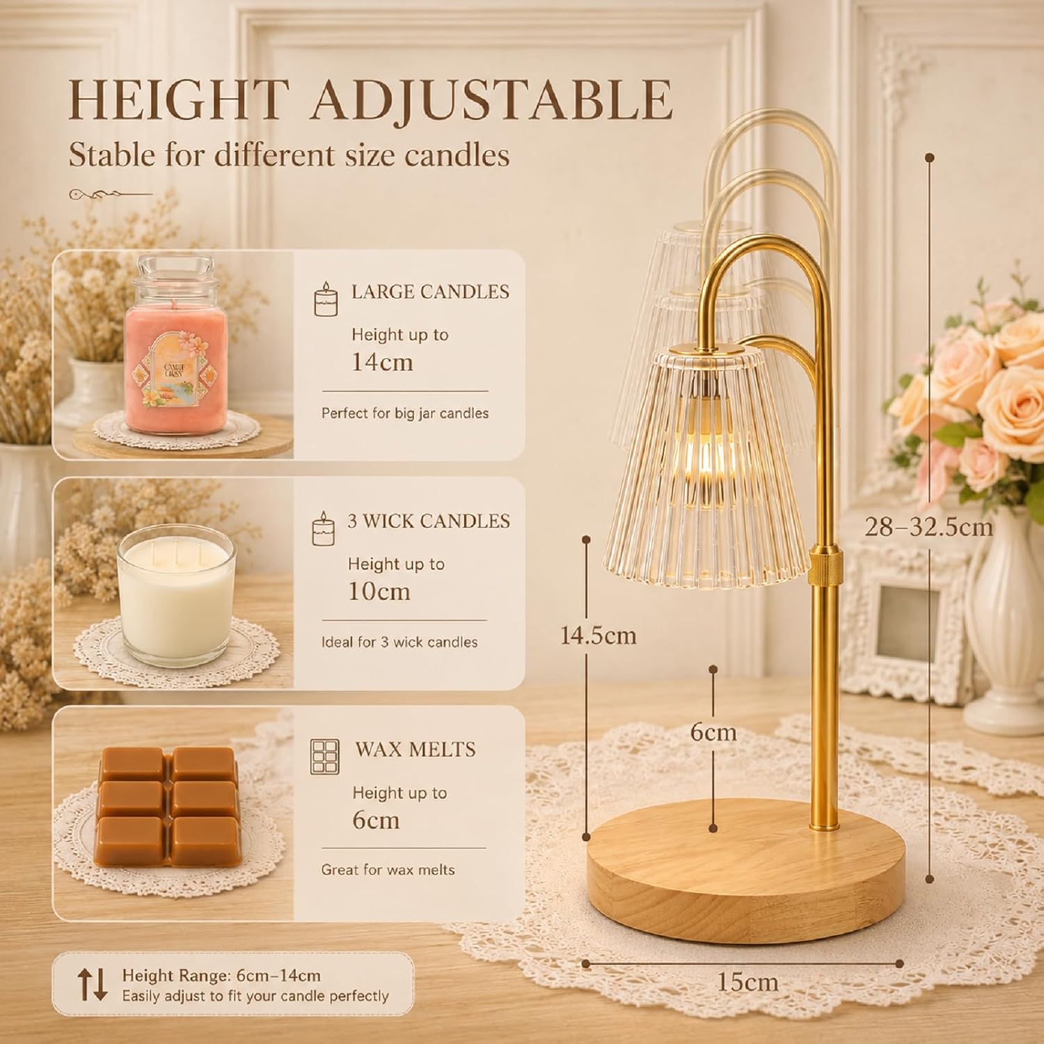 Funistree Candle Warmer Lamp with Timer & Dimmer, Height Adjustable Candle Warmer with 2 Bulbs, Birthday Gifts for Women Mum, New Home Gifts, Dimmable Candle Heater Lamp for Yankee Candles - Image 3