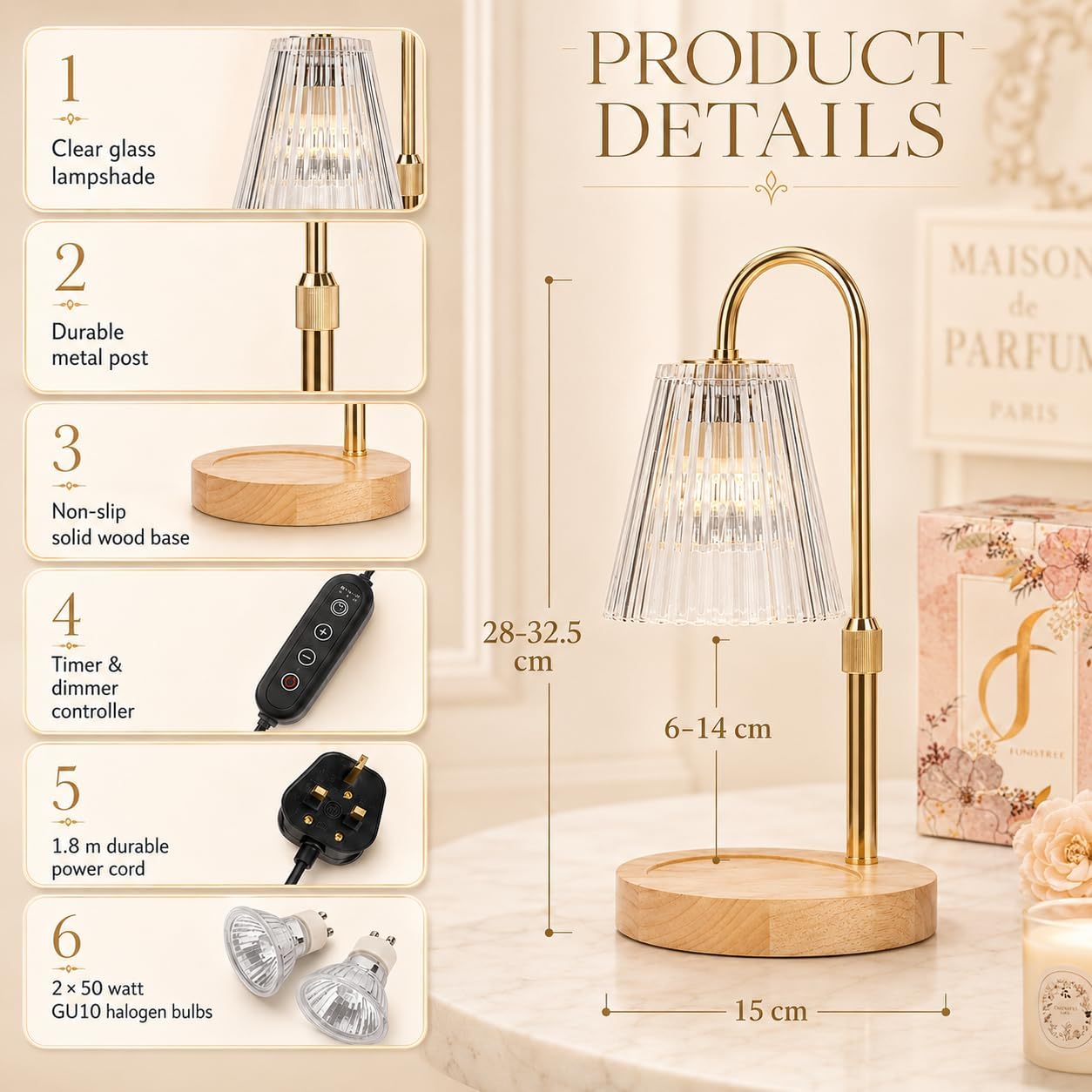 Funistree Candle Warmer Lamp with Timer & Dimmer, Height Adjustable Candle Warmer with 2 Bulbs, Birthday Gifts for Women Mum, New Home Gifts, Dimmable Candle Heater Lamp for Yankee Candles - Image 4