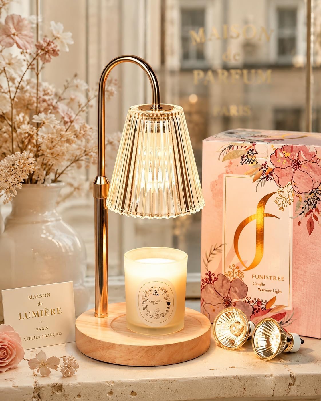 Funistree Candle Warmer Lamp with Timer & Dimmer, Height Adjustable Candle Warmer with 2 Bulbs, Birthday Gifts for Women Mum, New Home Gifts, Dimmable Candle Heater Lamp for Yankee Candles